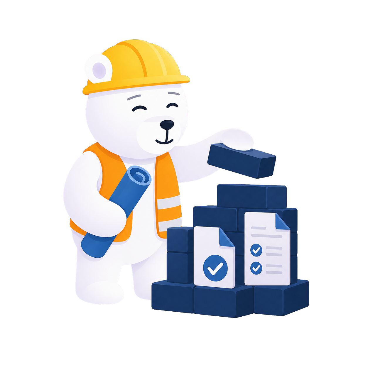 Arko the polar bear wearing a hard hat and building TaxTundra